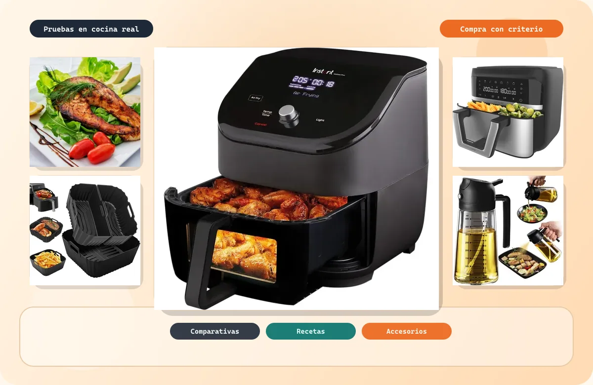 Fotomontaje editorial con freidoras de aire reales, receta y accesorios para air fryer